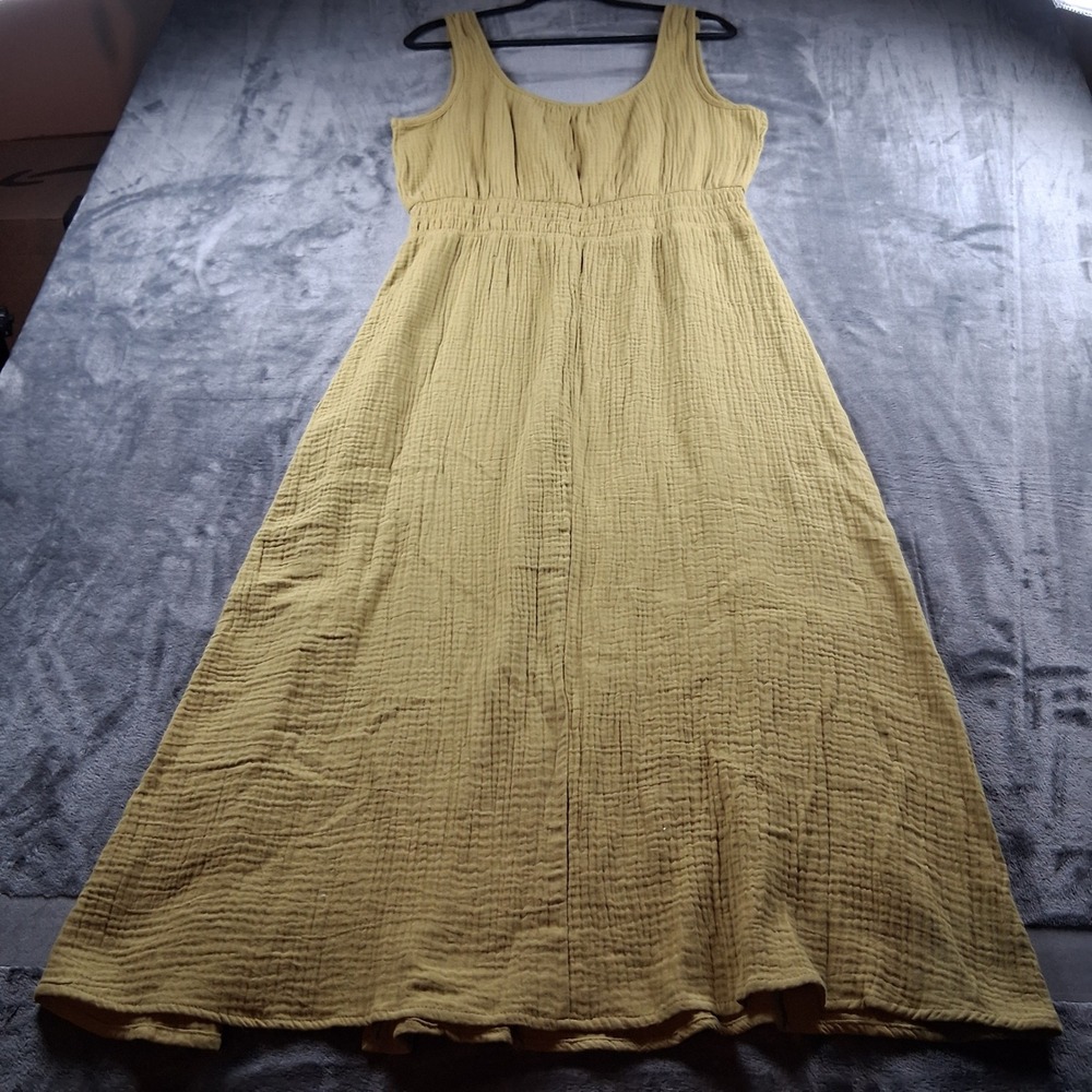 Steve Madden Maxi Dress Womens Large Olive Green Gauze Smocked Waist Side Slit - Picture 4 of 9